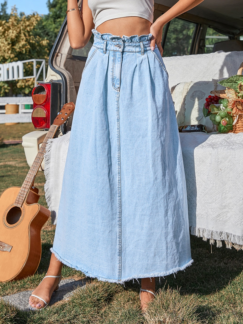 2022 Women Jean Skirt Solid Sexy Button Mid-Calf Long Straight  Denim Skirt  For Female Street Casual Wear Clothes