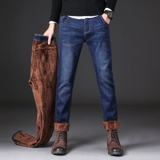 2022 Winter New Men&#39;s Warm Jeans Business Casual Elasticity Thick Slim Denim Pants Brand Trousers Black Plus Size 38 40