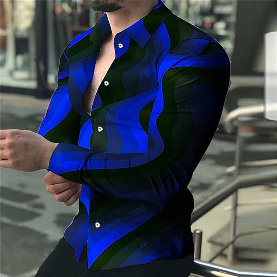 New Men's Shirt Lapel with Buckle Shirt Casual Wave Print Long Sleeved Tops Men's Prom Cardigan XS-8XL