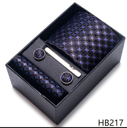 Silk Brand Tie Handkerchief Cufflink Set Necktie Holiday Gift Box Man's Blue Gold Suit Accessories Slim Cravat Wedding Gravatas