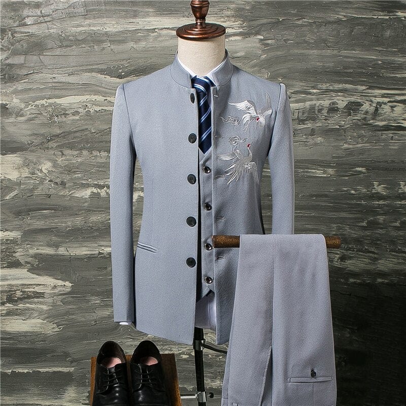 Men Suit Coat Vest Pants Fashion Chinese Retro Style Wedding Groom Suit Stand Collar Classic Men Dress Blazers Jacket Trousers