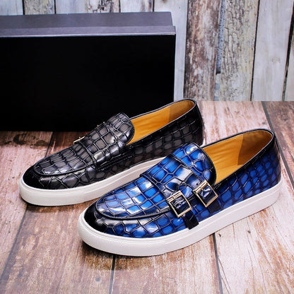 Luxury Brand Men's Loafer Shoes Gray Blue Crocodile Print Monk Strap Slip on Wedding Office Dress Casual Mules Leather Men Shoes