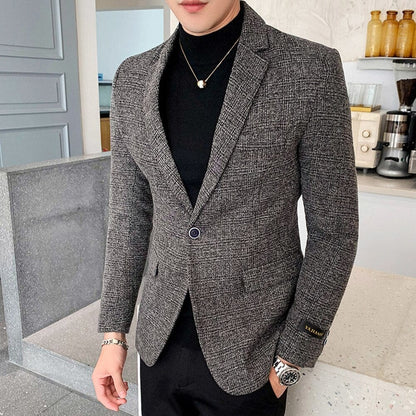 New Men Casual Blazer British Style Business Slim Fit Plaid Suit Coat Long Sleeve Male Formal Single Buckle Suit Jacket