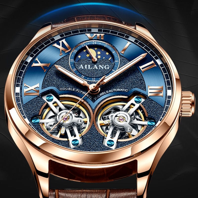 AILANG Original Design men&#39;s Double Flywheel Automatic Mechanical Watch Fashion Leisure Business Luxury Clock