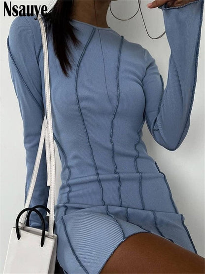 Nsauye Sexy Club Ribber Knitted Y2K Mini Bodycon Party Women Dress Autumn Striped O Neck Long Sleeve Fashion Dress
