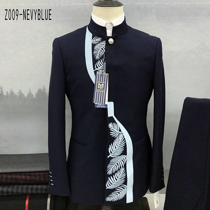 Fashion New Men's Casual Boutique Chinese Stand Collar Tunic Design Suit 2 Piece Set Blazers Jacket Coat Pants Trousers