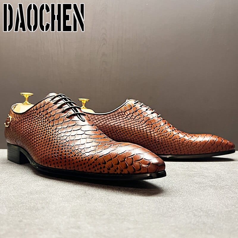 Luxury Men Oxford Shoes Black Brown Snake Skin Prints Classic Style Men Dress Leather Shoes Lace Up Pointed Toe Formal Shoes Men