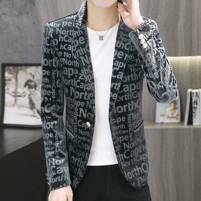 Mens Velvet Blazers  Spring New Fashion Casual Slim Gold Velvet Letter Print Suit Jacket Male Blazer Brand Clothing Coat