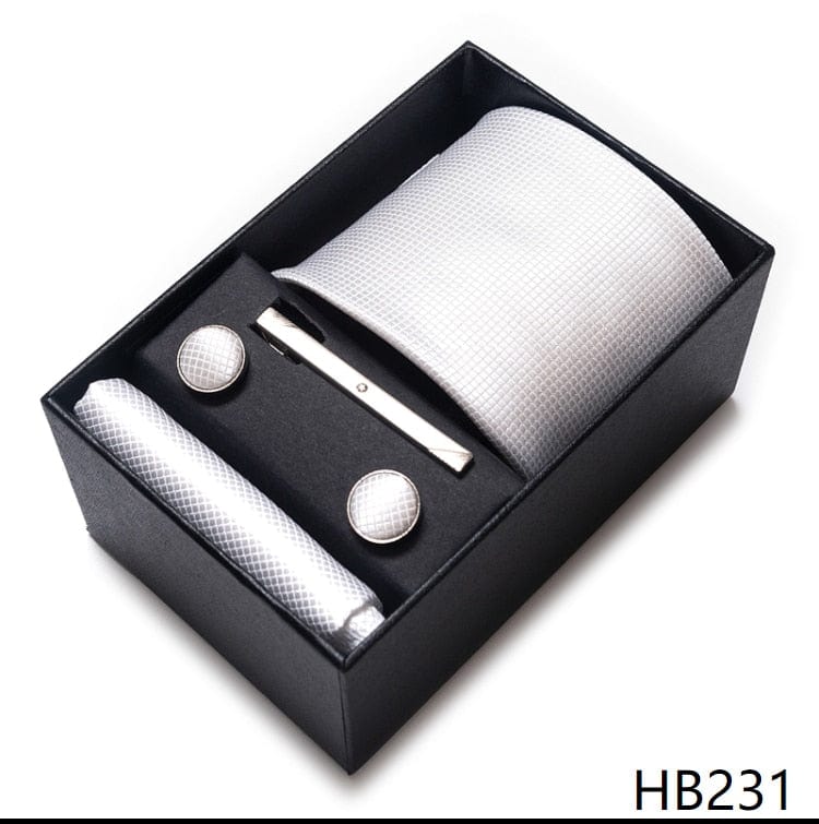 Silk Brand Tie Handkerchief Cufflink Set Necktie Holiday Gift Box Man's Blue Gold Suit Accessories Slim Cravat Wedding Gravatas