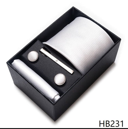 Silk Brand Tie Handkerchief Cufflink Set Necktie Holiday Gift Box Man's Blue Gold Suit Accessories Slim Cravat Wedding Gravatas
