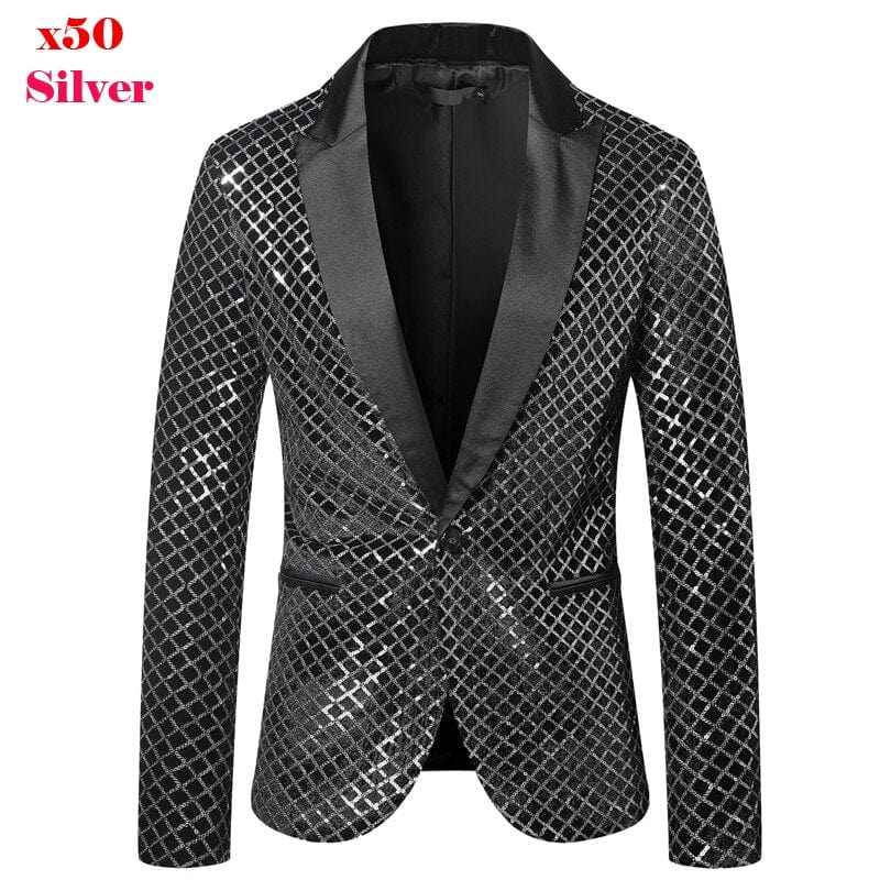 Silver Sequin Plaid Blazer Jacket Men 2019 Fashion Slim FIt One Button Dress Suit Blazer Male Party Wedding Stage Costume Homme