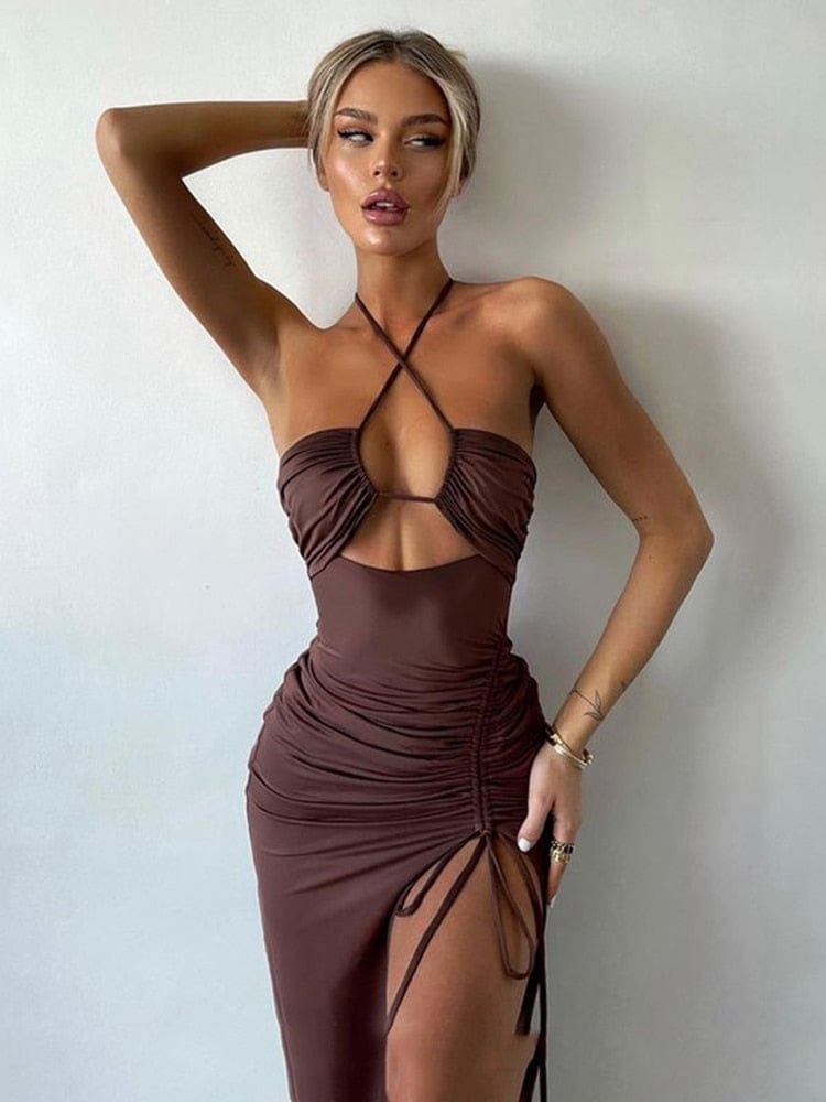 Cryptographic Hot Summer Sexy Halter Fără Spate Fără mâneci Decupat Maxi Rochie pentru Femei Elegant Club Party Slit Rochii Vestido