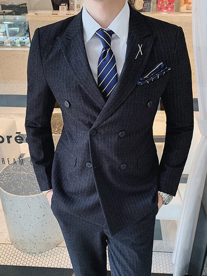 7XL ( Blazer + Waistcoat + Pants ) Striped Plaid Solid Color Mens Formal Business Suit 3pce Set Groom Wedding Social Show Dress