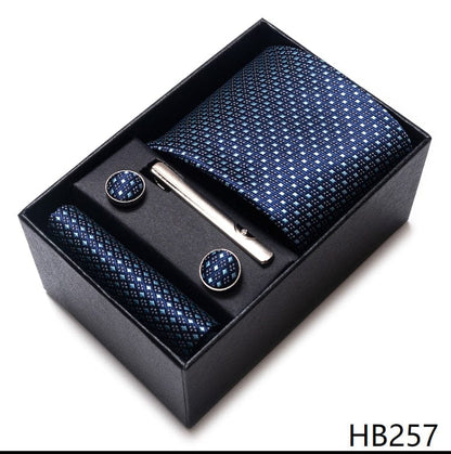 Silk Brand Tie Handkerchief Cufflink Set Necktie Holiday Gift Box Man's Blue Gold Suit Accessories Slim Cravat Wedding Gravatas
