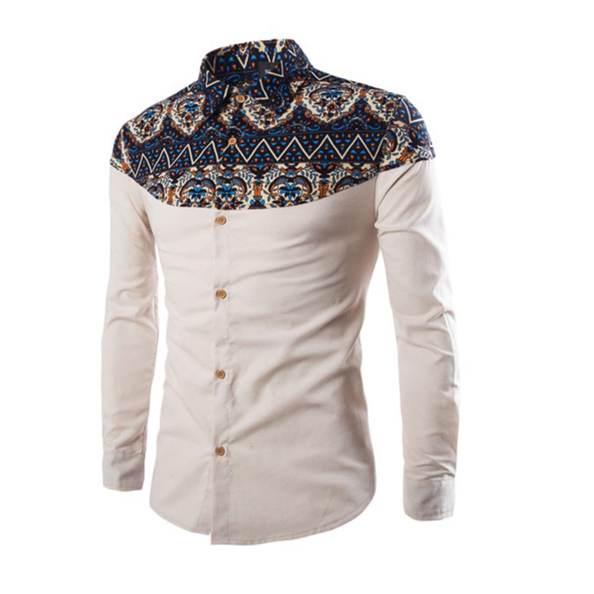 FEGKZLI Men Formal Shirts In African Print Style Stand Collar Button Shirts Navy Long Sleeve Cotton Homme Clothes Tops M-3XL