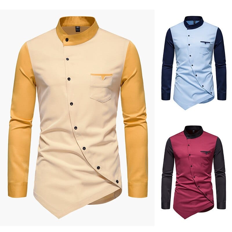 Spring and autumn men's long sleeved shirt personality casual diagonal button cute clothes evening dress luxury