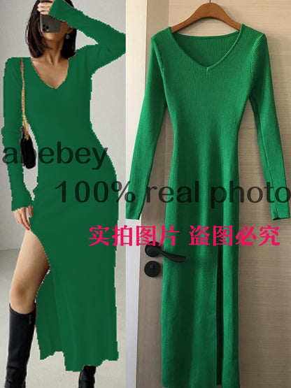 spring and winter sexy French slit sweater dress female slim tight-fitting hip-knit over-the-knee dresses