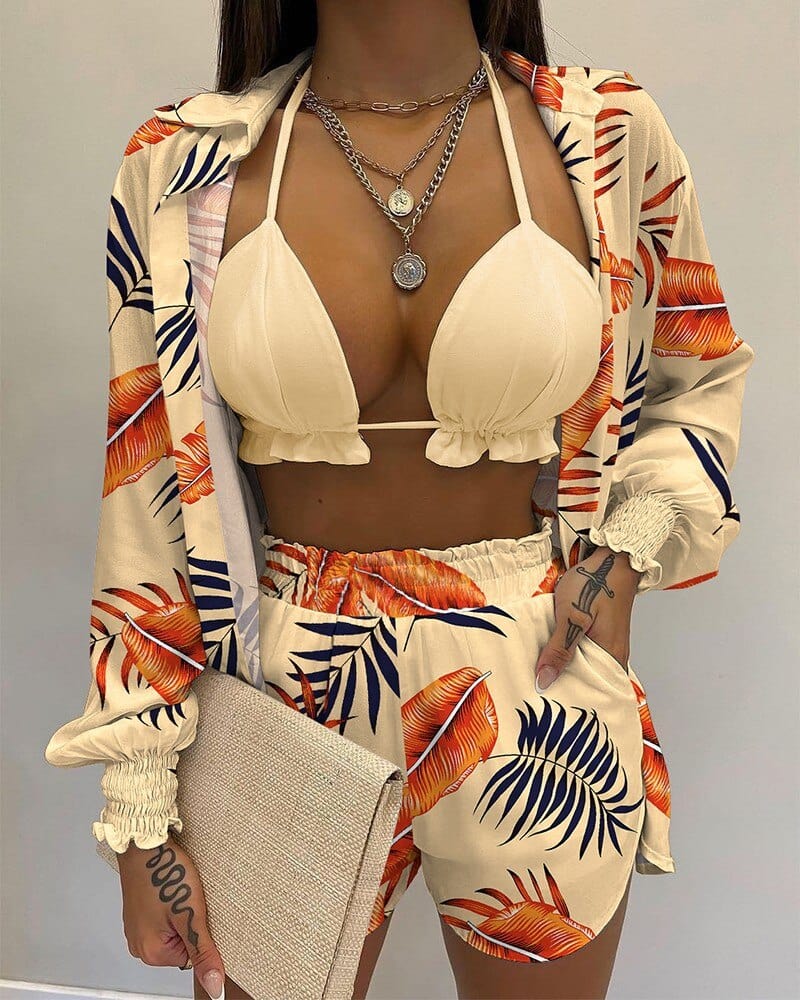 Summer 3 Piece Set Outfits Women Fashion Sexy Beach Style Printed Suspender Shirt Shorts Pant Suit Three Piece  Set Women