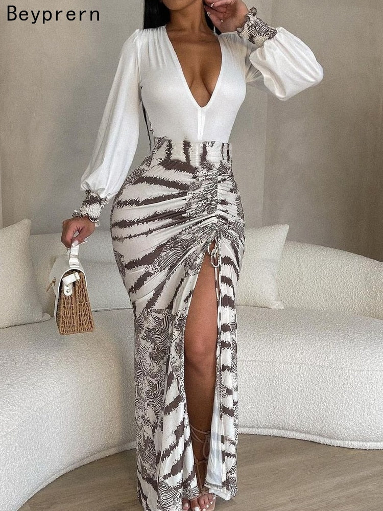 Beyprern New Chic Animal Print Twist Front High Slit Skirt For Women Summer High Waist Bandage Skirt Night Club Outfit Clubwear