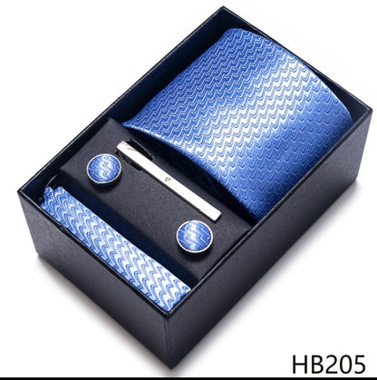 Silk Brand Tie Handkerchief Cufflink Set Necktie Holiday Gift Box Man's Blue Gold Suit Accessories Slim Cravat Wedding Gravatas