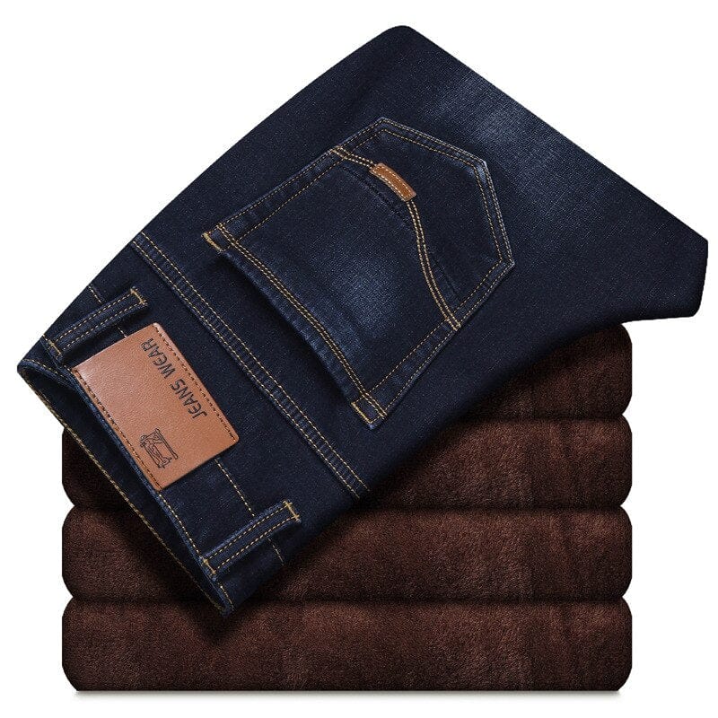 Winter New Men's Warm Jeans Business Casual Elasticity Thick Slim Denim Pants Brand Trousers Black Plus Size 38 40
