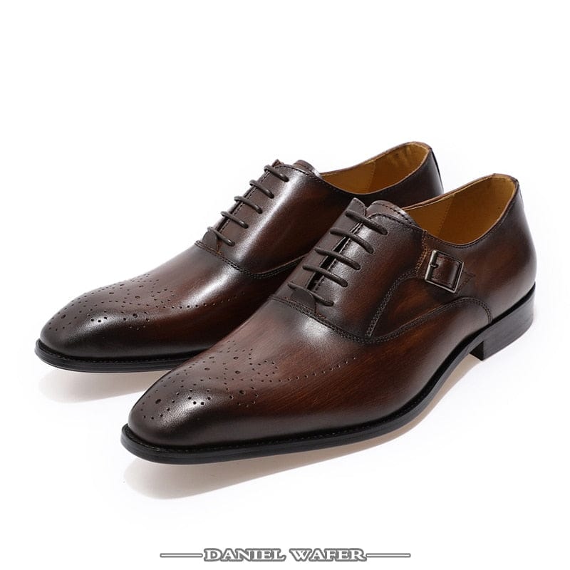 ELEGANT MEN GENUINE LEATHER OXFORD SHOES MEN BUCKLE STRAP OFFICE DRESS WEDDING SHOES BROWN BROGUE POINTED TOE MEN FORMAL SHOE