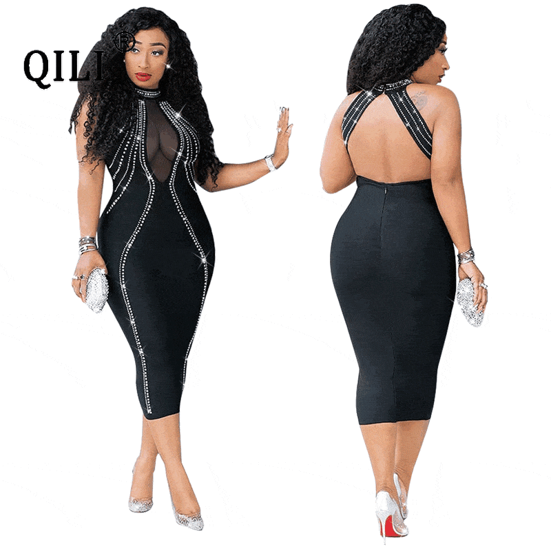 QILI Rochie de petrecere sexy pentru femei, fără mâneci, fără spate, cu diamante, rochii cu strasuri, rochie neagră cu plasă transparentă, bodycon