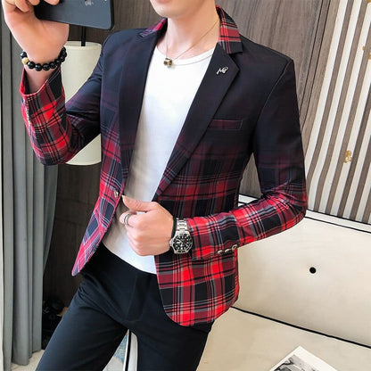 Spring New Colorblock Plaid Blazer Men Slim Casual Man Blazers Wedding Business Party Clothing Dress Coat Blazer M-3XL
