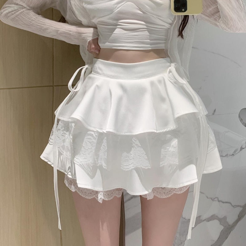 HOUZHOU Pink Ruffle Mini Skirt Women Fairycore Kawaii Lace Patchwork Double-layer Cute High Waist Bandage Sexy Short Skirts