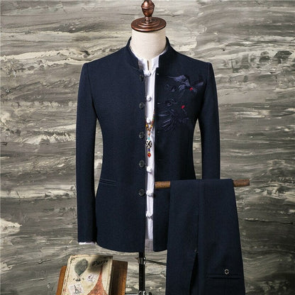 2 Pcs Set Stand Collar Blazers Jacket Pants /  Fashion New Men's Casual Boutique Business Solid Color Suit Coat Trousers
