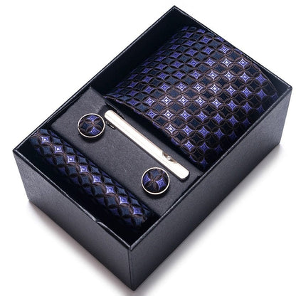 Silk Brand Tie Handkerchief Cufflink Set Necktie Holiday Gift Box Man's Blue Gold Suit Accessories Slim Cravat Wedding Gravatas
