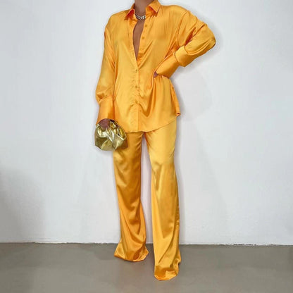 Elegant Satin Women Sets Casual Long Sleeve Shirt Straight Pants Suit  Pieces Outfits