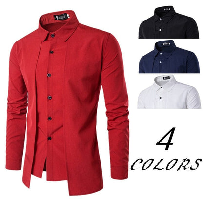 summer autumn Fake two-piece double placket thin section non-iron solid color cotton lapel men's long-sleeved shirt men's top