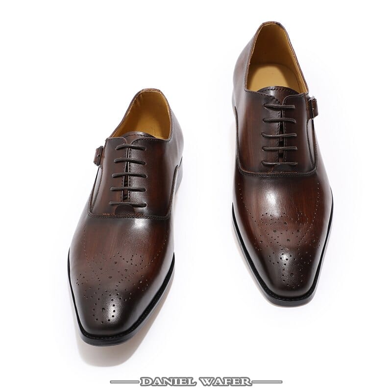 ELEGANT MEN GENUINE LEATHER OXFORD SHOES MEN BUCKLE STRAP OFFICE DRESS WEDDING SHOES BROWN BROGUE POINTED TOE MEN FORMAL SHOE