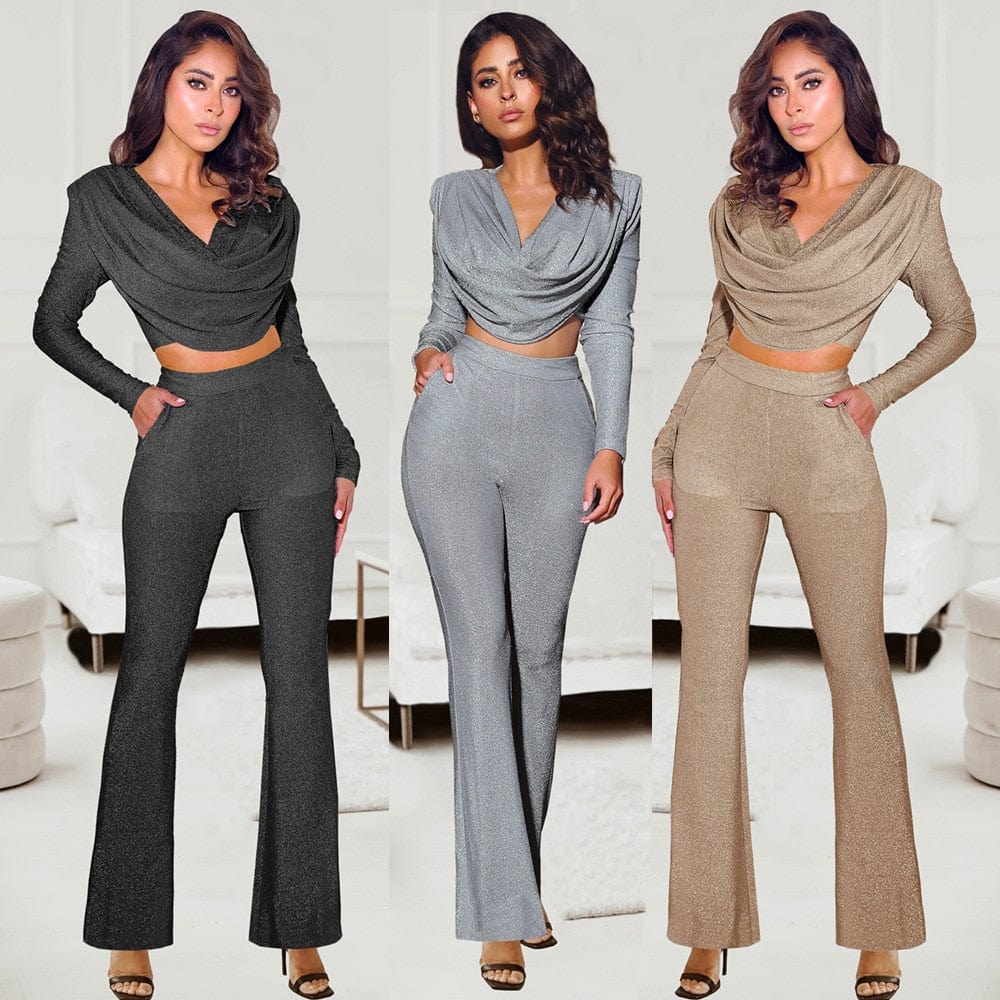 Set 2 bucăți din folie sexy Ținute pentru femei La modă decolteu U cu franjuri Crop top + pantaloni micro-evazați 2023 Streetwear Costum casual Femei