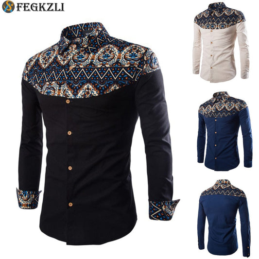 FEGKZLI Men Formal Shirts In African Print Style Stand Collar Button Shirts Navy Long Sleeve Cotton Homme Clothes Tops M-3XL