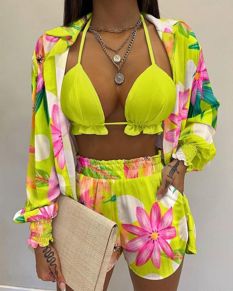 Summer 3 Piece Set Outfits Women Fashion Sexy Beach Style Printed Suspender Shirt Shorts Pant Suit Three Piece  Set Women