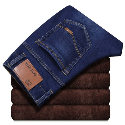 Winter New Men's Warm Jeans Business Casual Elasticity Thick Slim Denim Pants Brand Trousers Black Plus Size 38 40