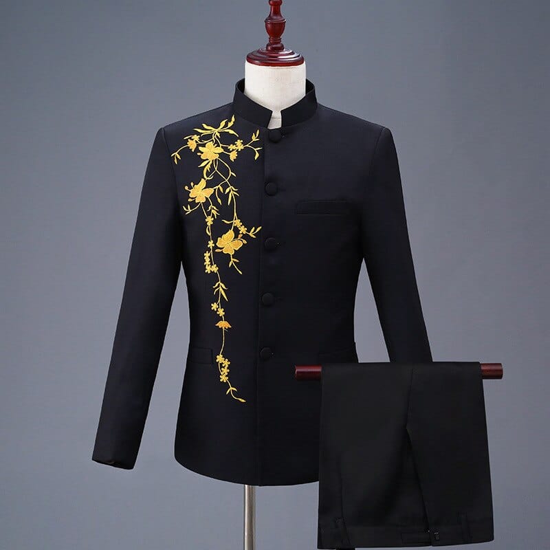 Two Pcs Set Suit Jacket Pants / 2022 Fashion Men's Casual Boutique Personalized Printing Stand Up Collar Chinese Tunic Blazers