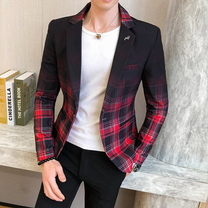 Spring New Men's Plaid Blazer Fashion Casual Men's Slim Suit Jacket Banquet Wedding Party Club Dress Branded Mens Clothing