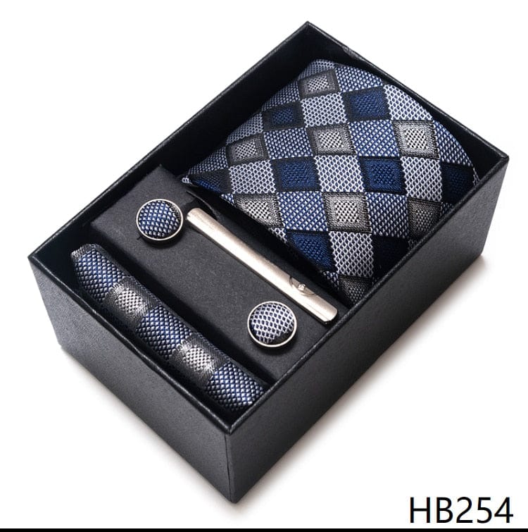 Silk Brand Tie Handkerchief Cufflink Set Necktie Holiday Gift Box Man's Blue Gold Suit Accessories Slim Cravat Wedding Gravatas