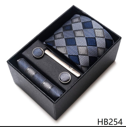 Silk Brand Tie Handkerchief Cufflink Set Necktie Holiday Gift Box Man's Blue Gold Suit Accessories Slim Cravat Wedding Gravatas