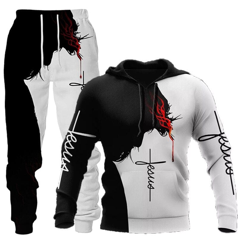 Jesus 3D Lion Print Hoodie + Pantaloni Set Două Piese Trening Bărbați Femei Hanorac cu Glugă Toamnă și Iarnă Costum de îmbrăcăminte pentru bărbați