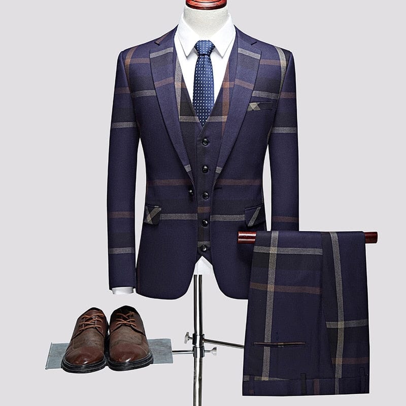 3 Pcs Suits Set Coat Vest Pants / 2022 Fashion Men&#39;s Casual Boutique Business Plaid Slim Formal Dress Blazers Jacket Waistcoat