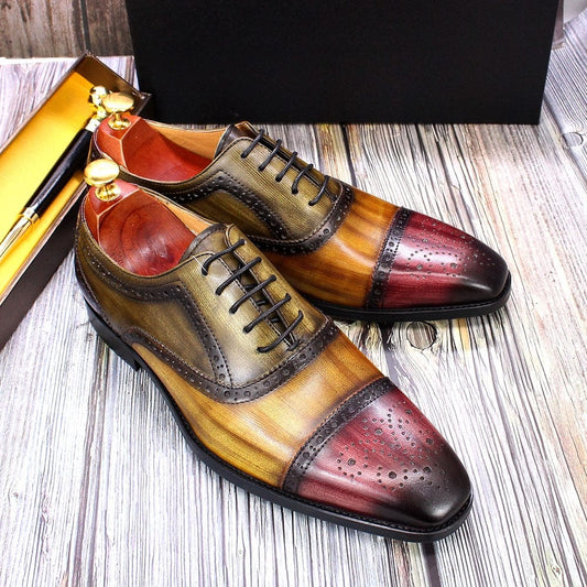 Handmade Mens Dress Shoes 100% Calf Leather Cap Toe Oxford Mixed Colors Lace Up Luxury Brogue Wedding Party Formal Shoes for Men