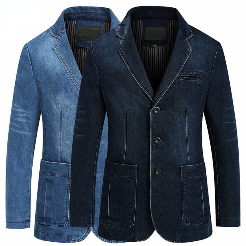 Blazers Jacket Men Casual Denim Slim Pocket Splicing Coat Men&#39;s Long Sleeve Single-Breasted Turn-down Collar Blazers Jacket