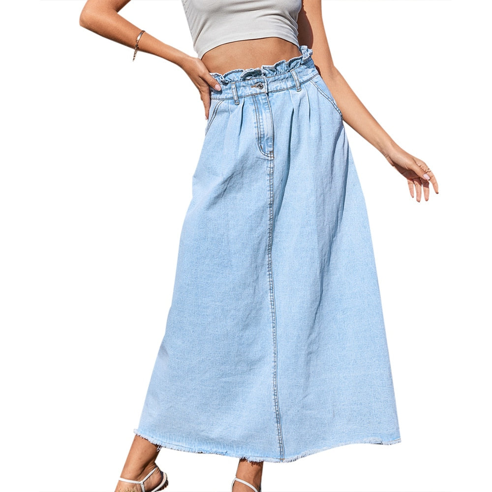 2022 Women Jean Skirt Solid Sexy Button Mid-Calf Long Straight  Denim Skirt  For Female Street Casual Wear Clothes