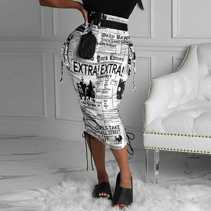 ANJAMANOR Camouflage Newspaper Print Draw String Ruched Long Skirts Women Clothing Fashion  Sexy Pencil Skirts D35-DZ14