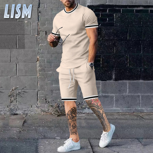 LISM Summer Men&#39;s Tracksuit Casual T-Shirt Shorts Two Pieces Set Men Sportswear Solid Color Short Sleeve Mens Set Sports Suit