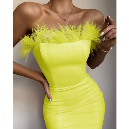 New Summer Sexy Strapless Backless Feather Black Midi Women Bodycon Bandage Dress  Designer Fashion Party Club Dress Vestido